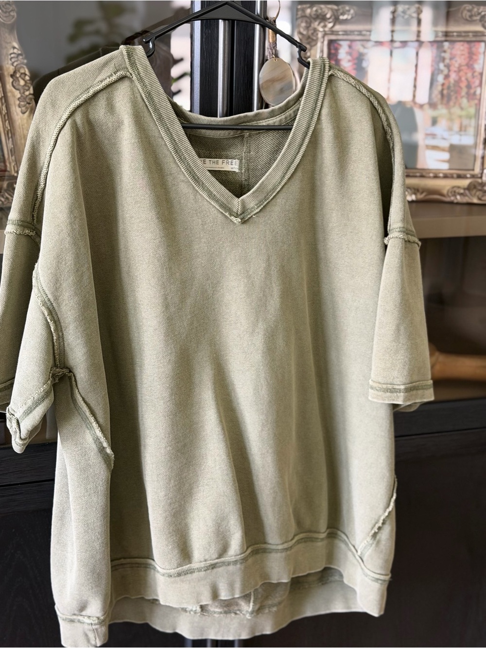 Free People Olive Green V-Neck Short Sleeve Top